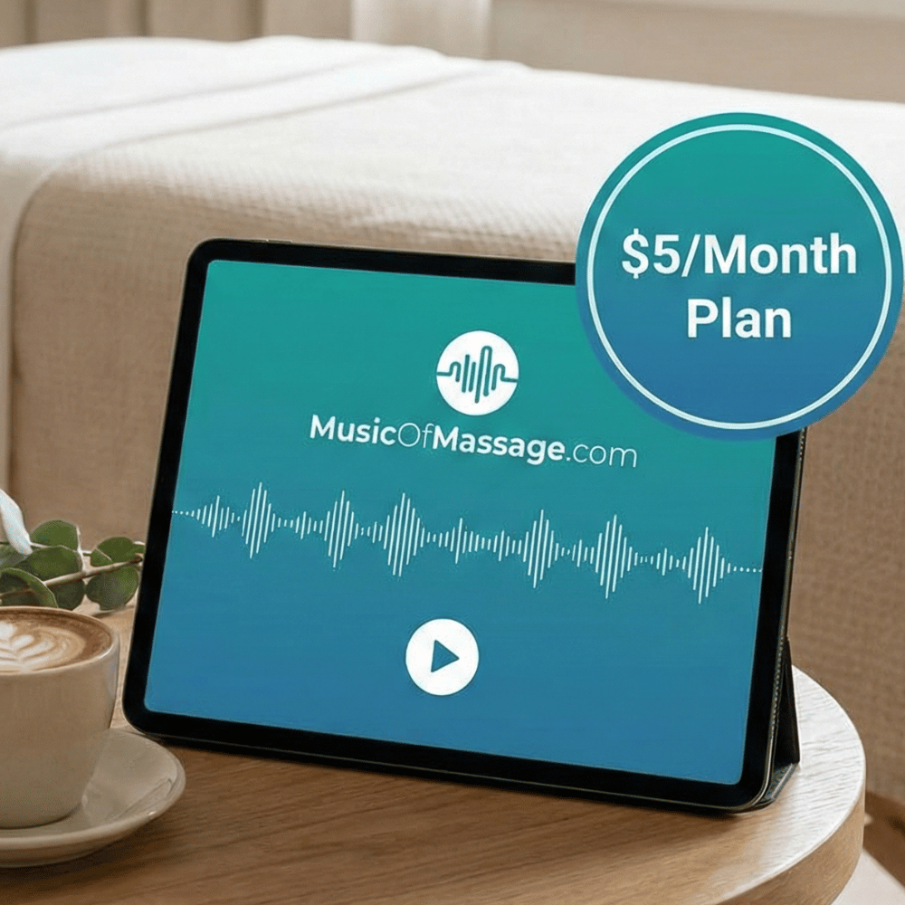 Tablet displaying the Music Of Massage website with a $5 per month plan offer
