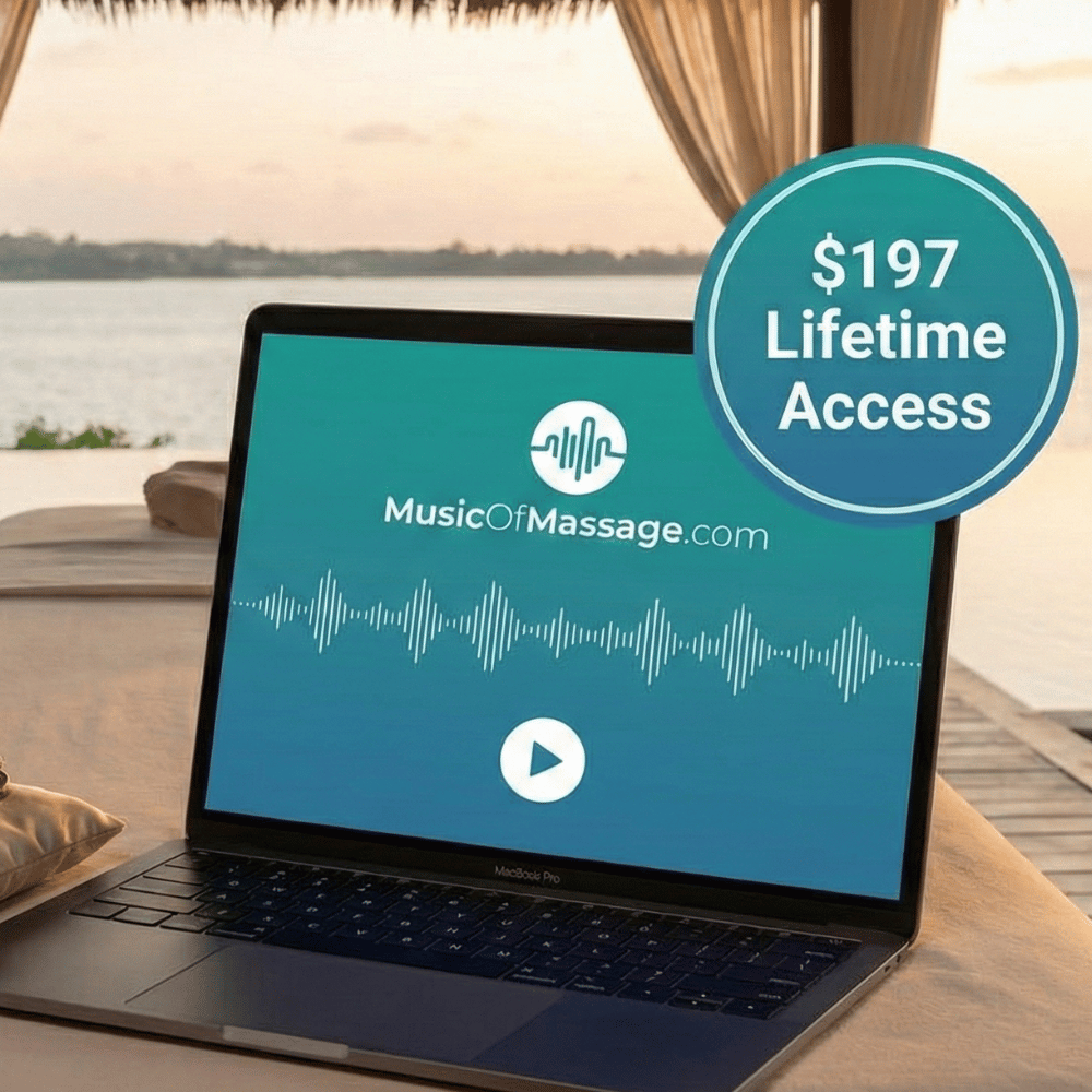 Laptop displaying the Music Of Massage website with a $197 lifetime access offer