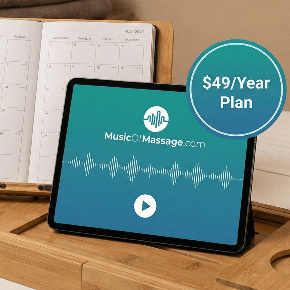 Tablet displaying the Music Of Massage website with a $49 per year plan offer, next to a desk calendar