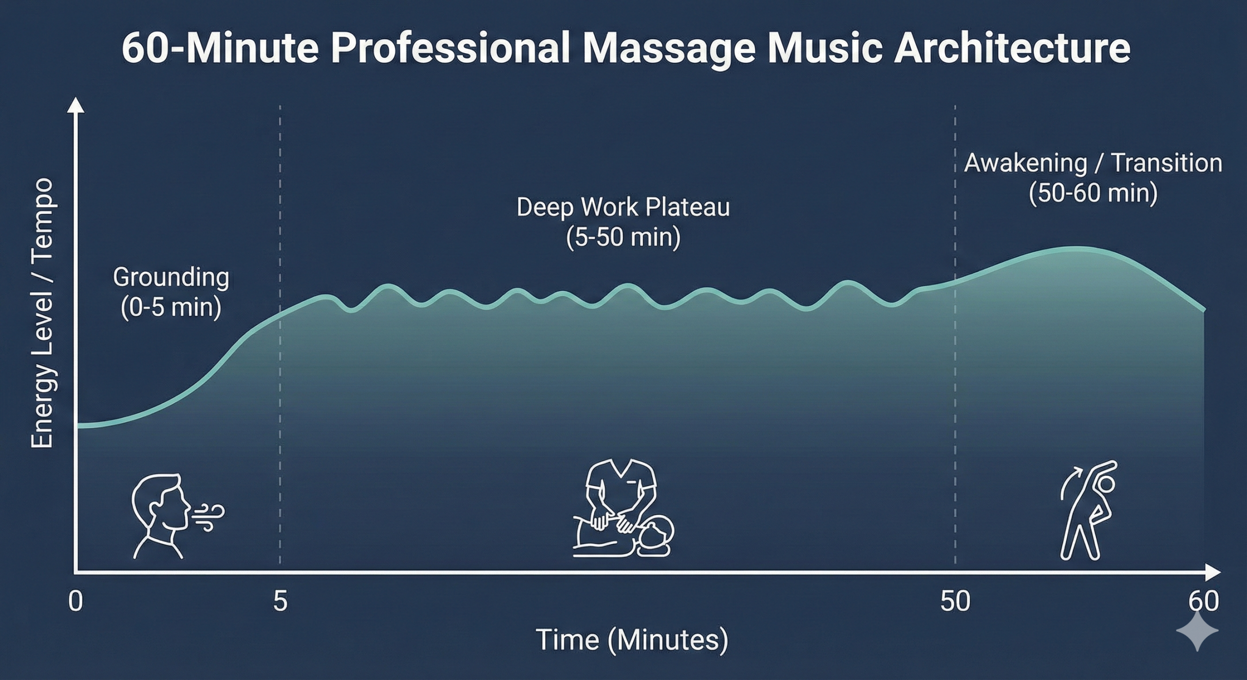 Graph showing the energy levels of a 60-minute professional massage music track – Grounding, Deep Work Plateau, and Awakening phases for therapeutic bodywork sessions